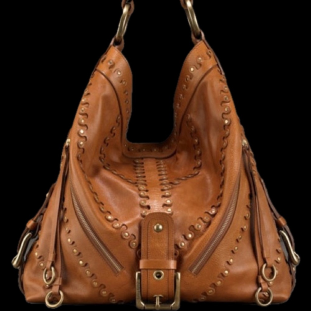 Isabella Fiore Carina Metal of Honor Stud Muffin Hobo Cognac Leather Bag - Picture 7 of 10